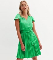New Look Tall Green Satin V Neck Pleated Mini Wrap Dress